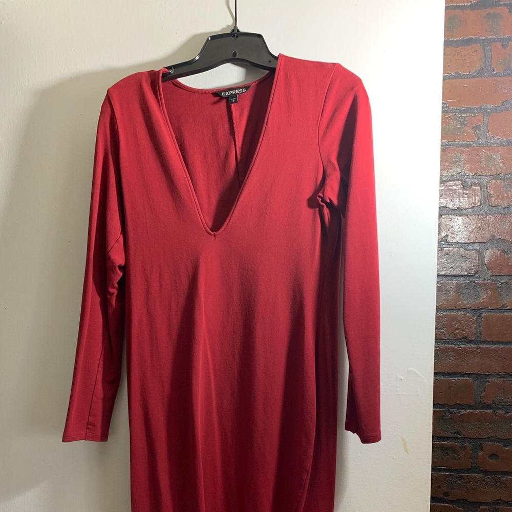 Dark Red V neck Express midi dress